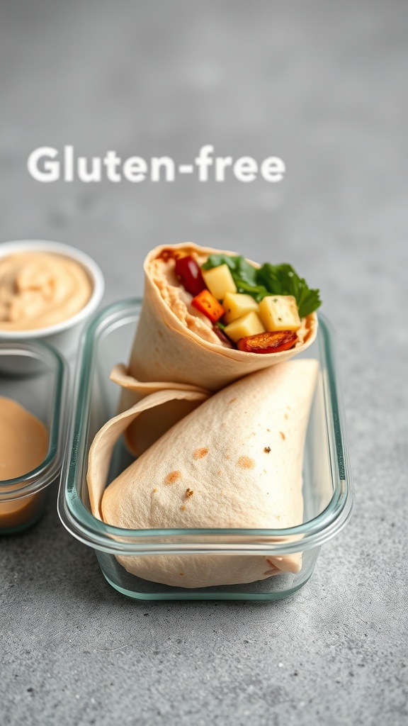 A gluten-free roasted vegetable and hummus wrap in a glass container with hummus on the side.