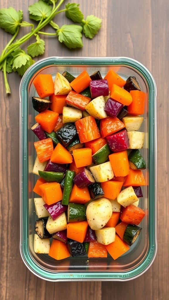 A colorful medley of roasted vegetables in a glass container, including bell peppers, zucchini, carrots, and eggplant.