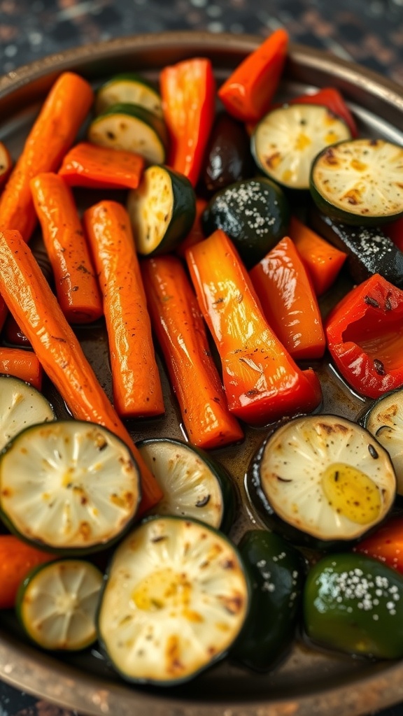 A colorful roasted vegetable medley featuring carrots, bell peppers, and zucchini on a baking sheet.