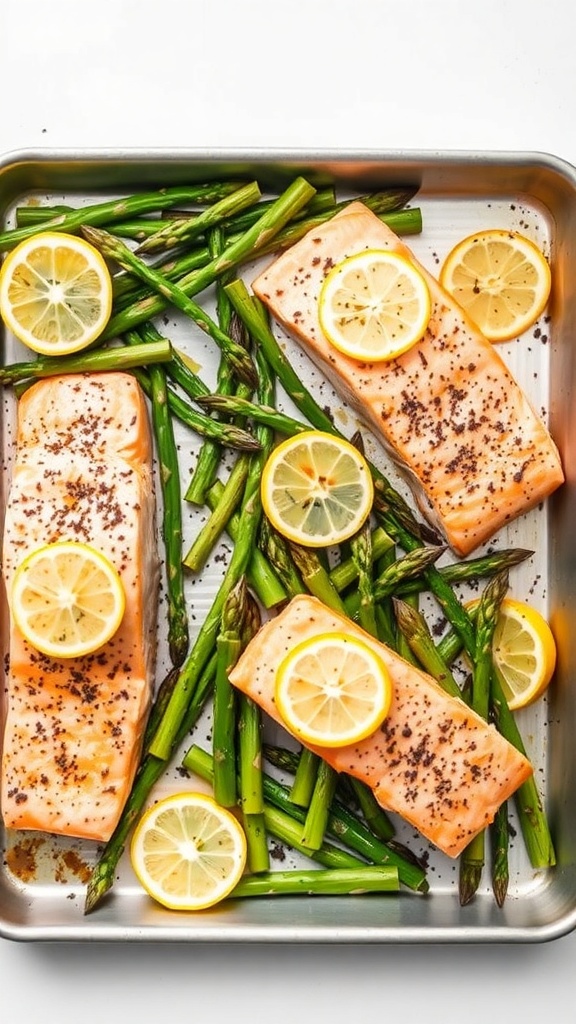 Sheet pan dinner with salmon fillets and asparagus topped with lemon slices