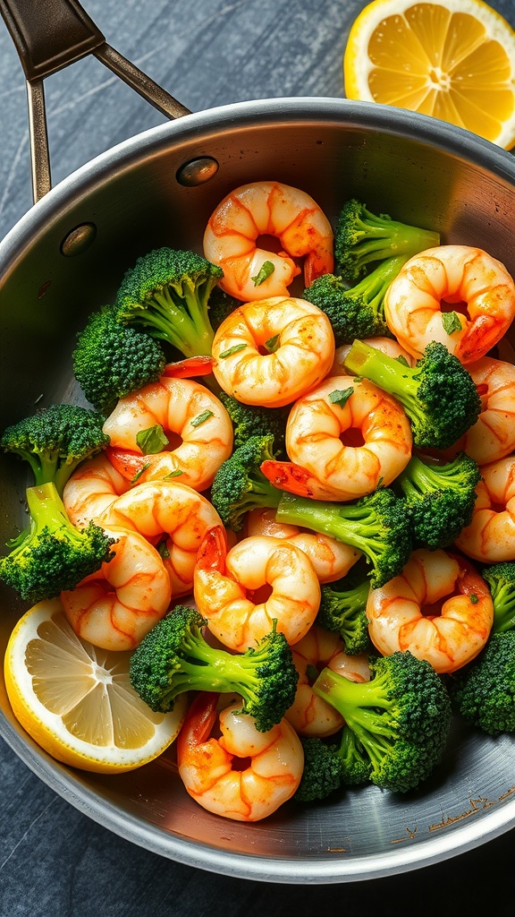 A pan of sautéed shrimp with broccoli, garnished with lemon and parsley.
