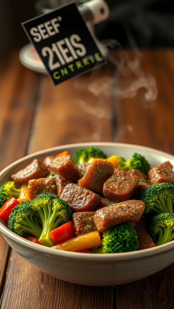 A delicious beef and broccoli stir-fry with colorful vegetables.