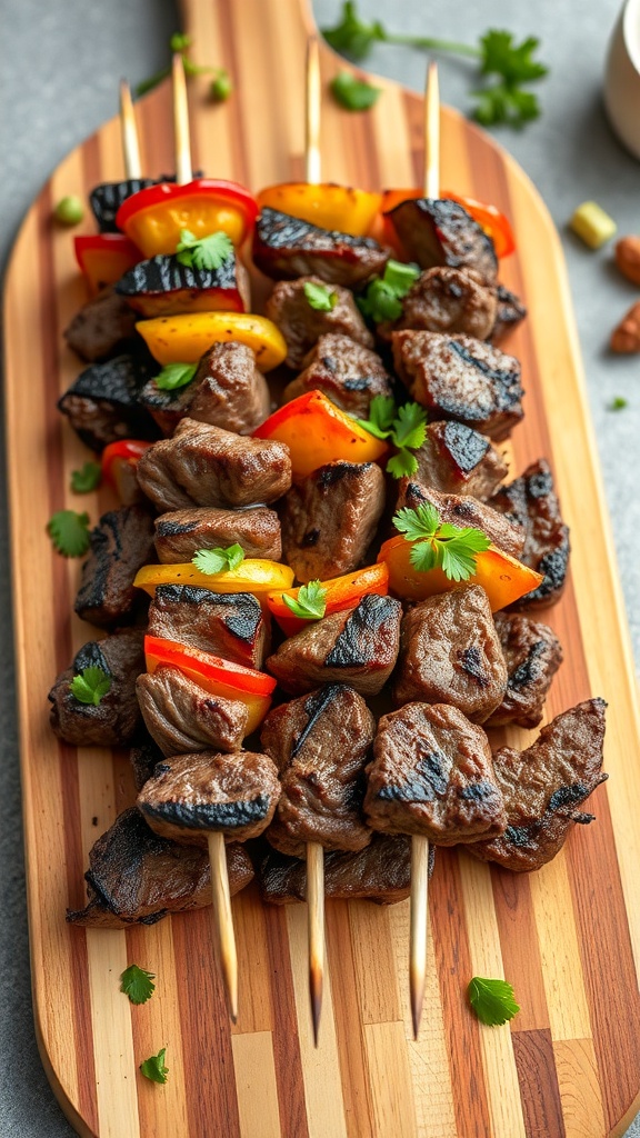 Beef and vegetable skewers on a wooden serving board