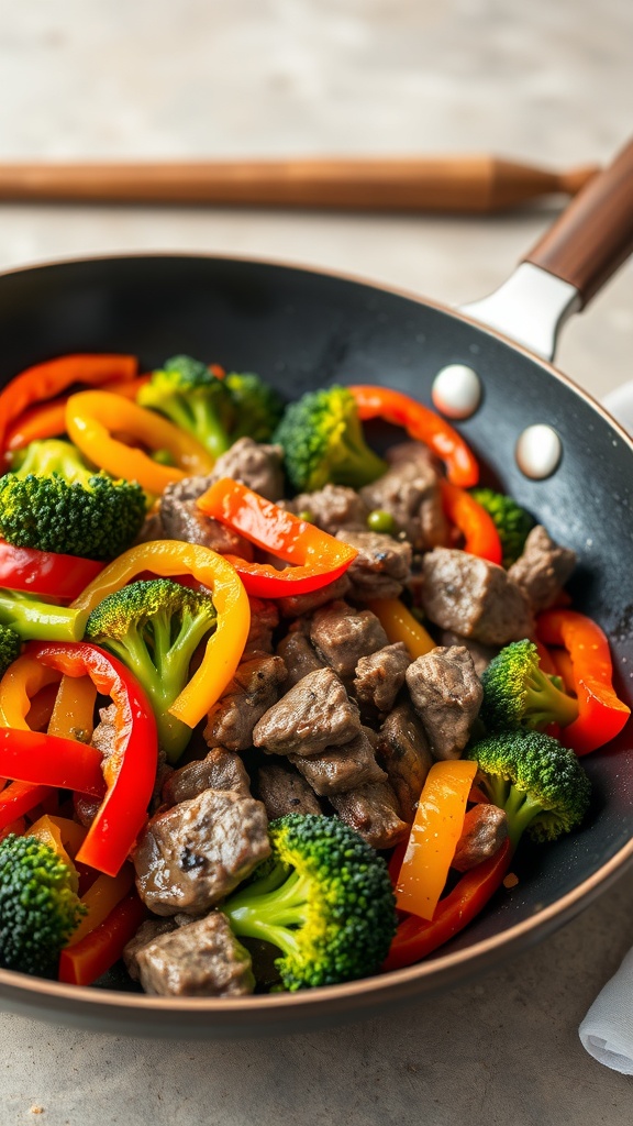 A colorful beef stir-fry with broccoli and bell peppers in a skillet.