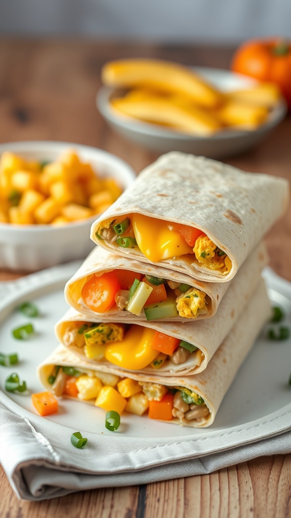 Three savory breakfast burritos stacked on a plate with colorful fillings and a side of fruit.