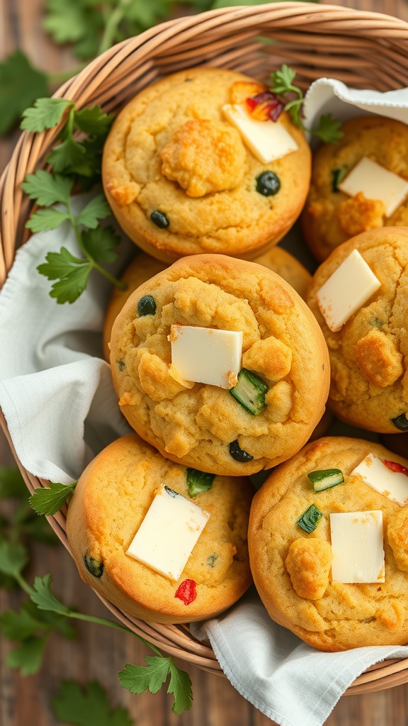 A basket of savory breakfast muffins with butter on top, surrounded by fresh herbs.