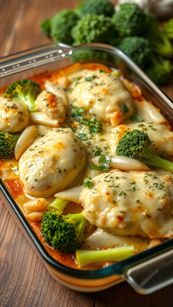 A savory chicken and broccoli bake with melted cheese and herbs, served in a glass baking dish.
