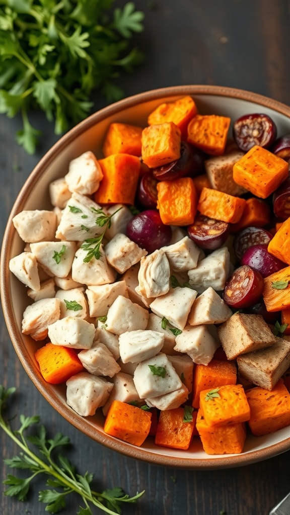 A bowl filled with diced chicken, roasted sweet potatoes, and halved grapes, garnished with parsley.