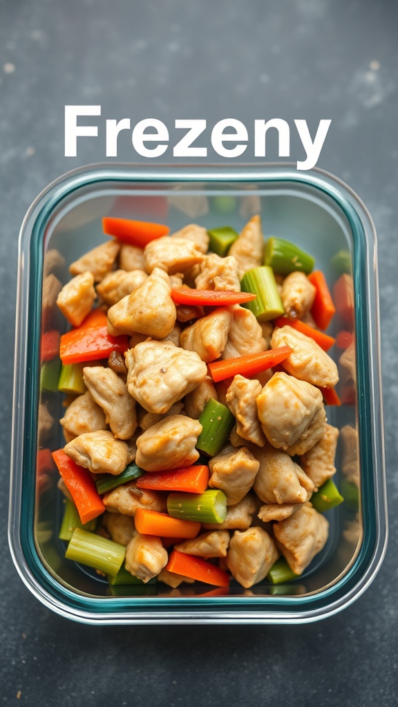 A container filled with chicken and vegetable stir-fry, ready for freezing.