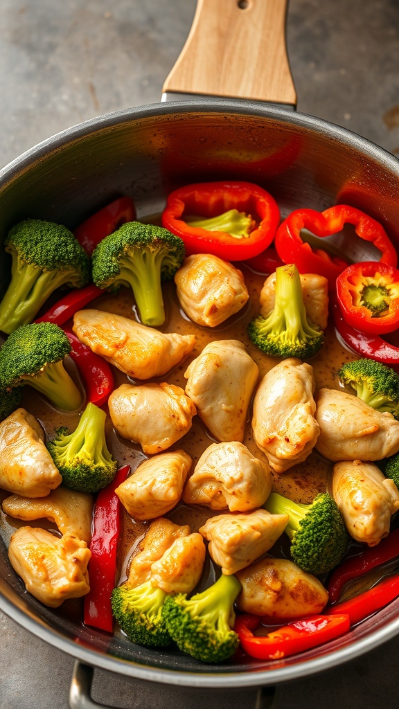 A pan filled with chicken pieces, broccoli, and red bell peppers, cooked in a savory sauce.