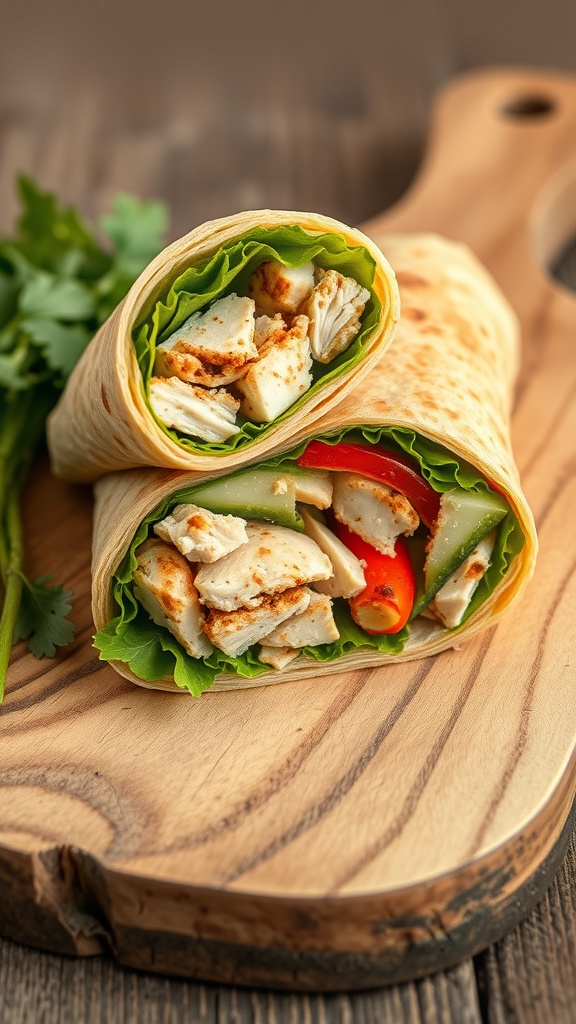 Savory chicken and veggie wraps on a wooden cutting board with fresh cilantro.