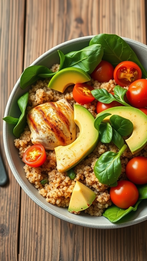A bowl of chicken quinoa with avocado, cherry tomatoes, and spinach on a wooden table.