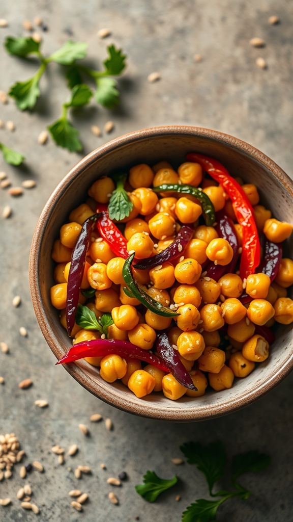A bowl of chickpea stir-fry with colorful peppers and cilantro