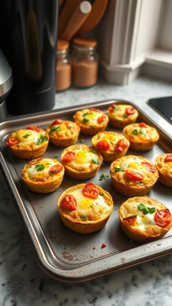 A tray of savory egg muffins topped with cherry tomatoes and herbs.