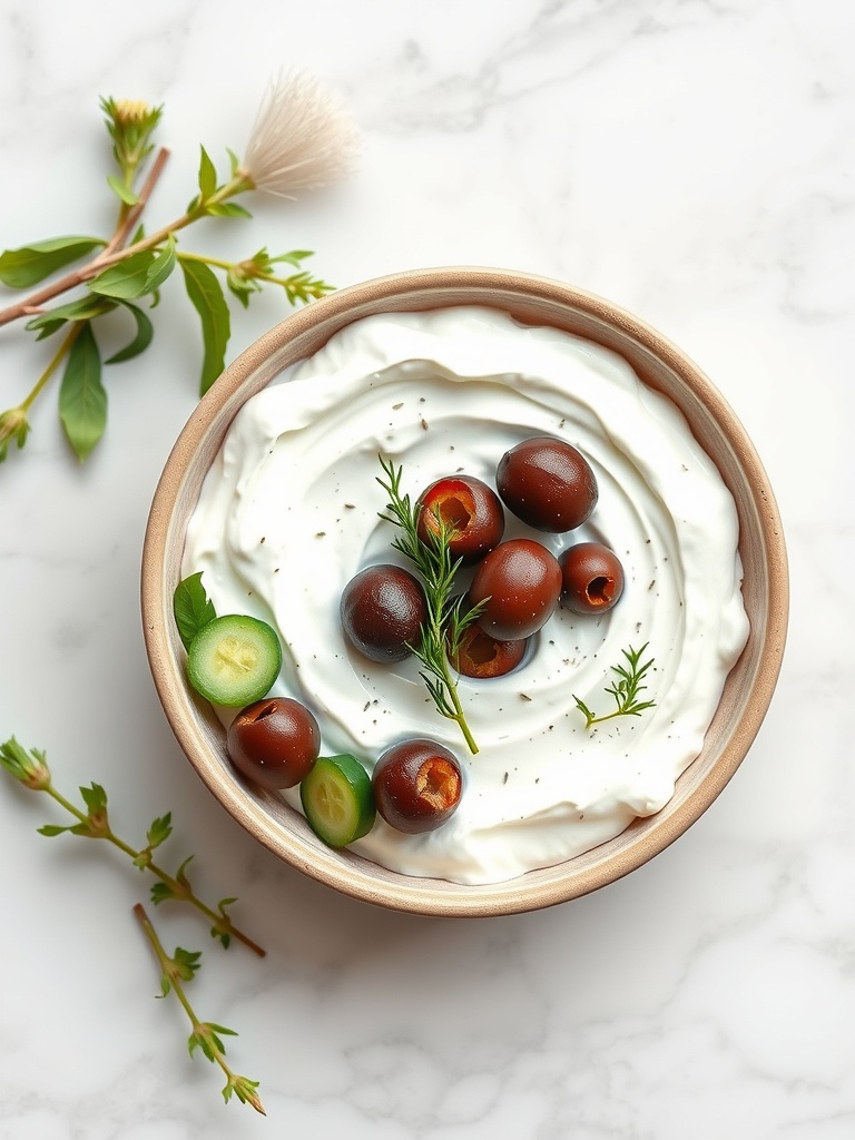 A bowl of Greek yogurt topped with olives, cucumber slices, and fresh herbs.