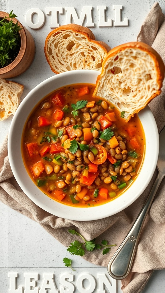 A bowl of savory lentil and vegetable soup with colorful vegetables and slices of bread on the side.