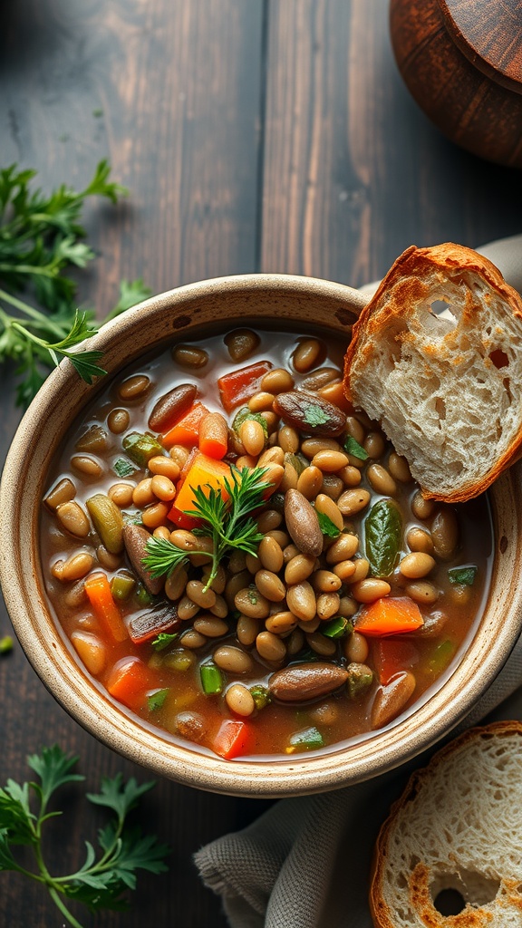 A bowl of lentil and vegetable stew with colorful vegetables and a slice of bread on the side.