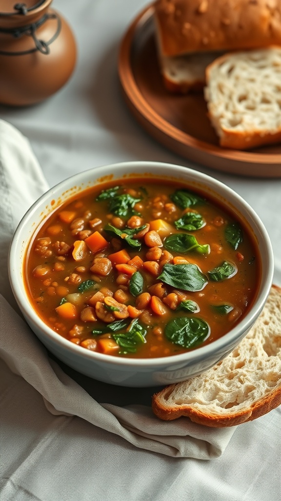 A bowl of savory lentil soup with spinach, carrots, and a slice of bread on the side.