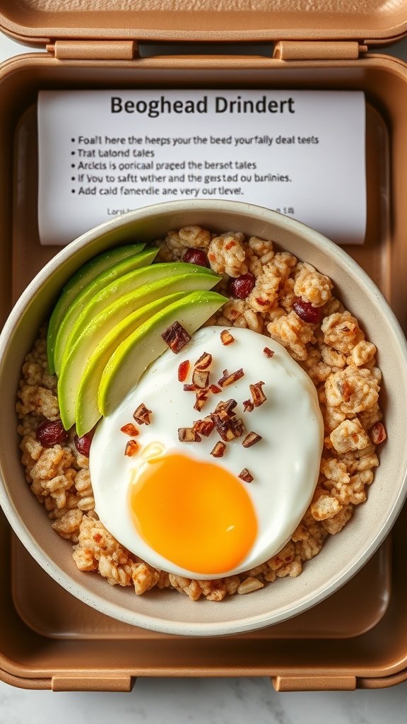 A bowl of savory oatmeal topped with a soft-boiled egg, sliced green apples, and bacon bits, all in a lunchbox.
