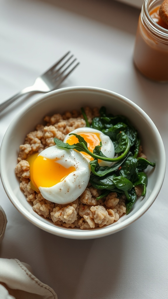 A bowl of savory oatmeal topped with poached eggs and spinach, showcasing a nutritious meal.