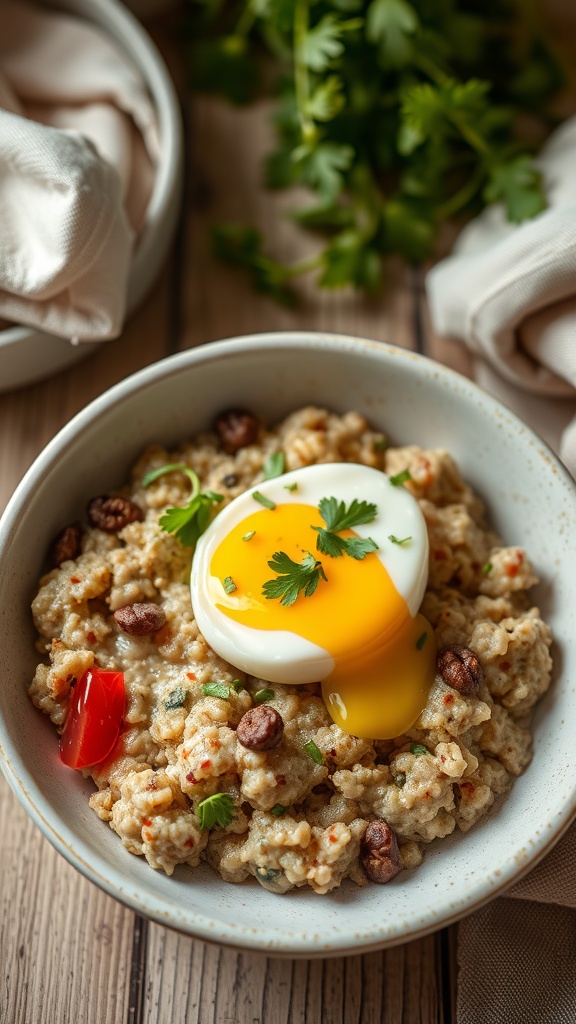A bowl of savory oatmeal topped with a poached egg, garnished with herbs and cherry tomatoes.