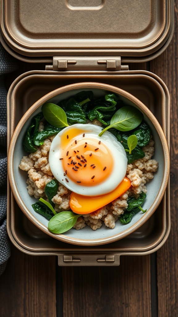 A lunchbox containing savory oatmeal topped with spinach and a poached egg.