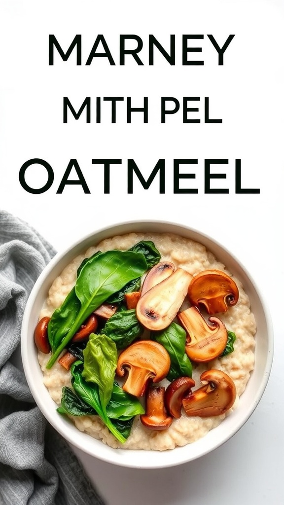 Savory oatmeal topped with spinach and mushrooms in a bowl