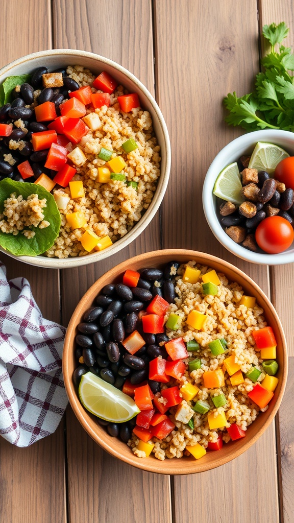 Colorful quinoa and black bean bowls with bell peppers and lime