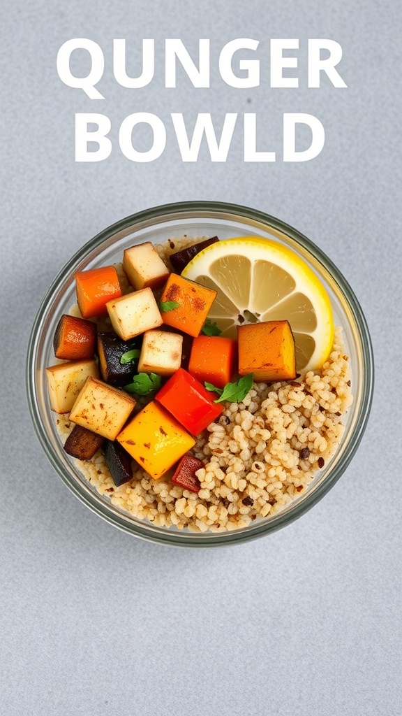 A colorful quinoa bowl with roasted vegetables and lemon slices.