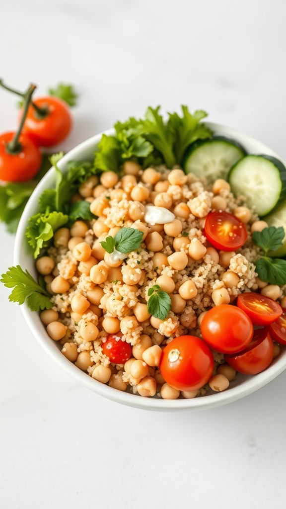 A bowl of savory quinoa salad with chickpeas, cherry tomatoes, cucumbers, and cilantro.