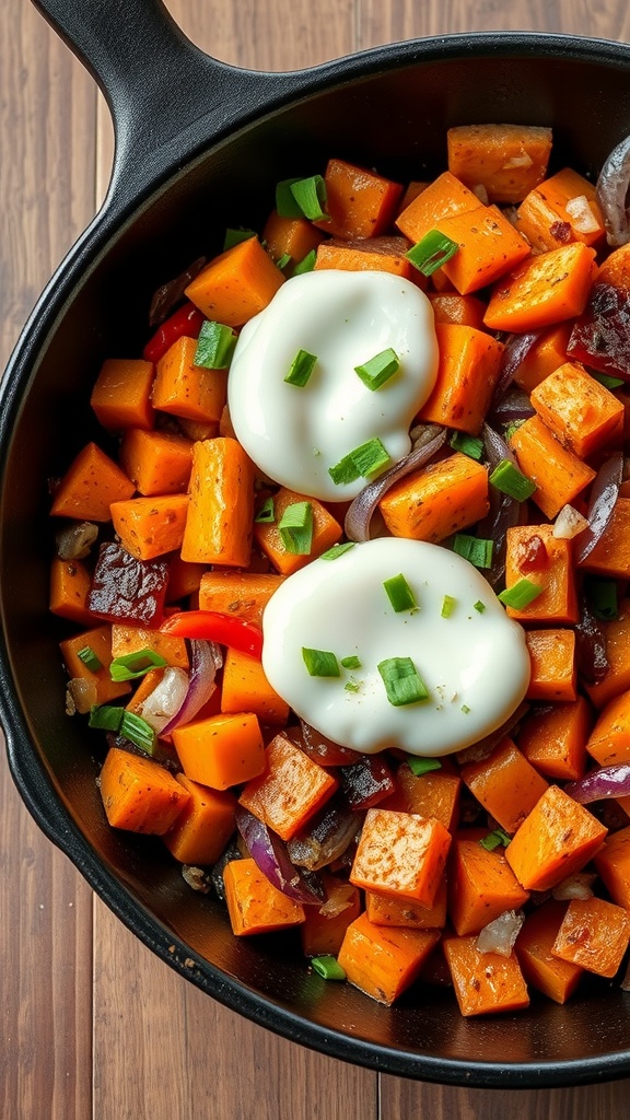 A colorful sweet potato hash with diced sweet potatoes, red bell peppers, and onions topped with a dollop of creamy sauce.