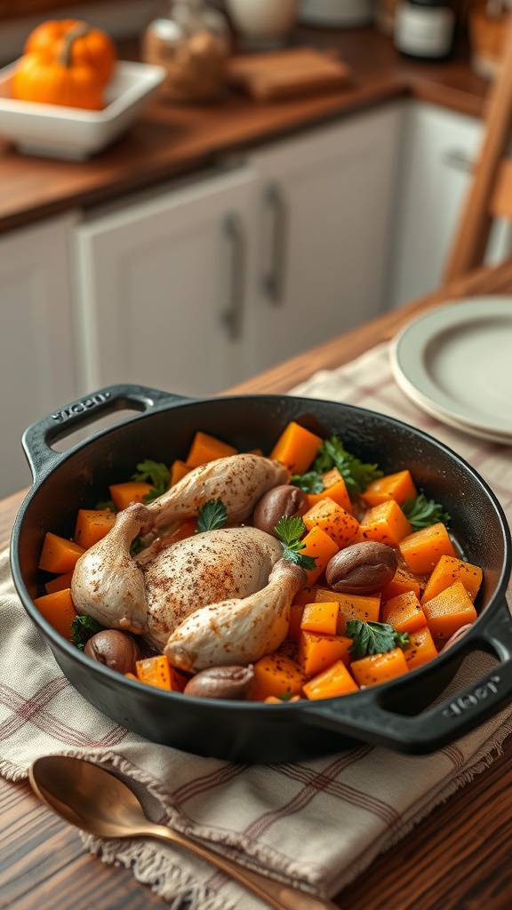 A skillet filled with turkey, sweet potatoes, and green beans, garnished with parsley.
