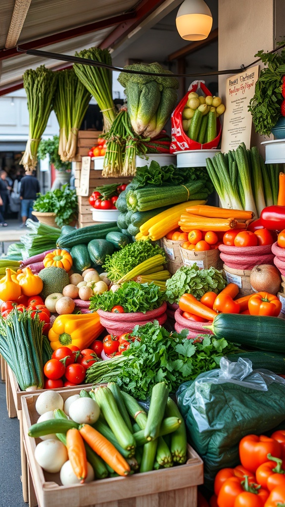 A vibrant display of seasonal vegetables at a market, showcasing a variety of colors and types.