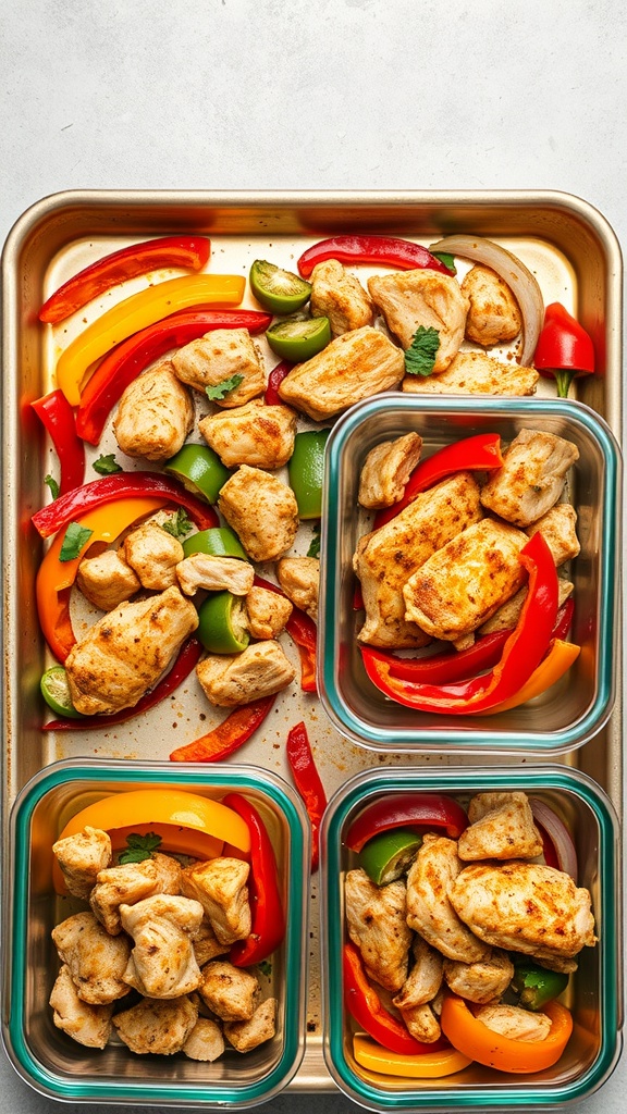 Sheet pan fajitas with chicken and colorful bell peppers ready for meal prep.