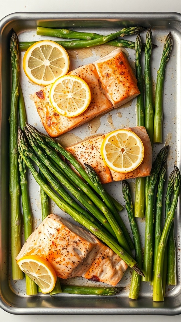 A sheet pan with salmon fillets topped with lemon slices and asparagus, ready to be baked.