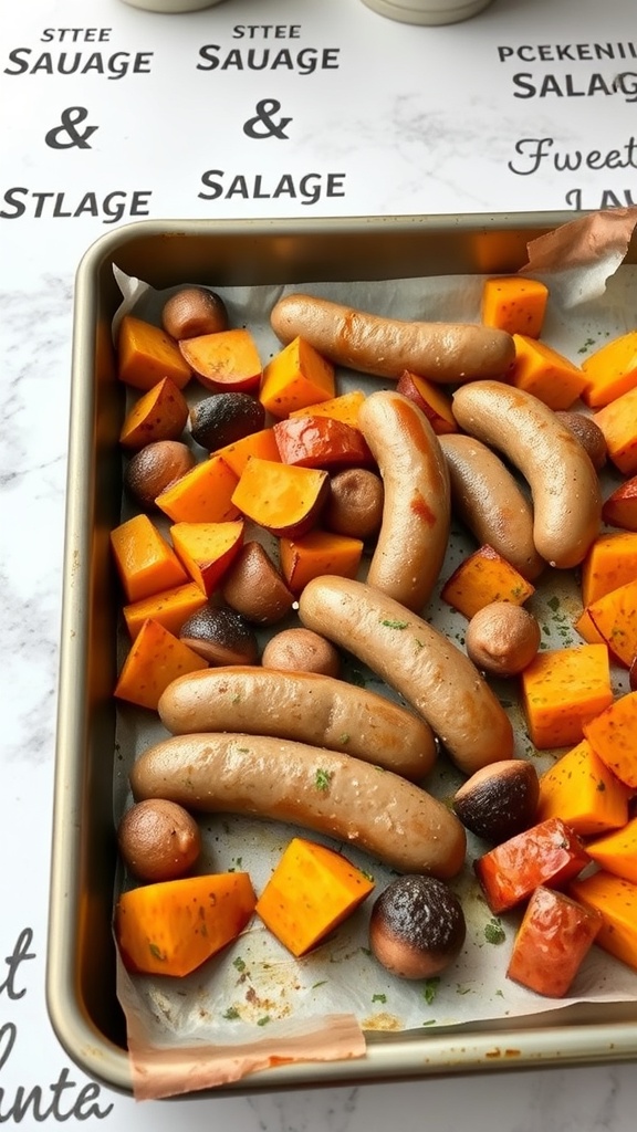 Sheet pan with sausages and cubed sweet potatoes ready for roasting