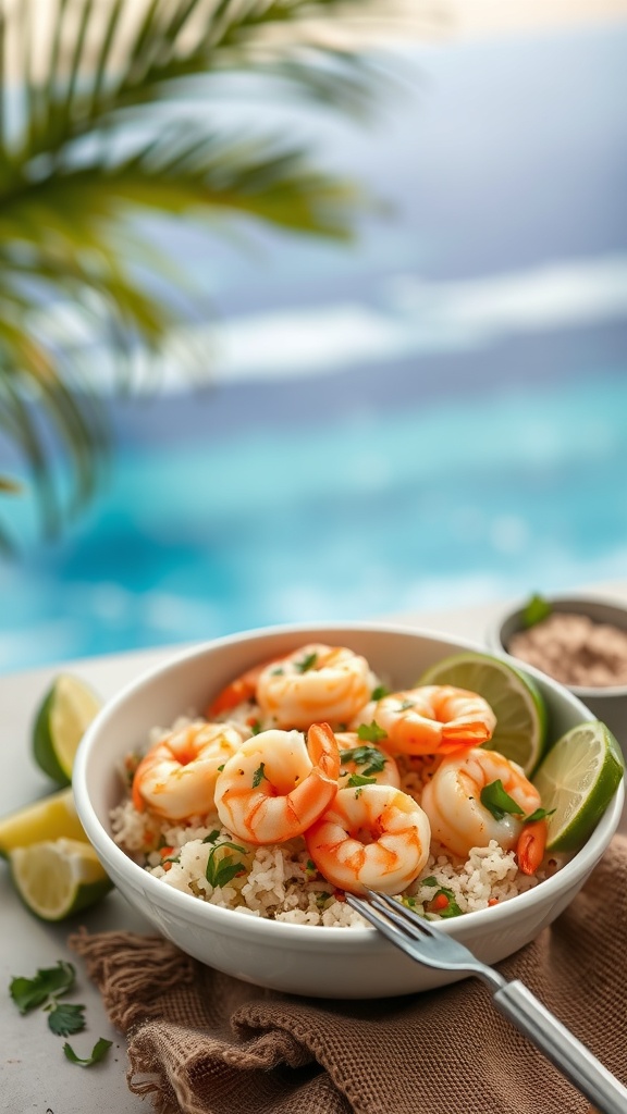A bowl of shrimp and avocado rice with lime wedges and fresh herbs, set against a beach background.