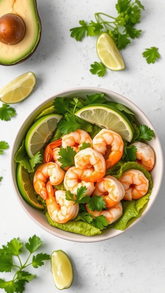 A bowl of shrimp and avocado salad with lime wedges and cilantro.