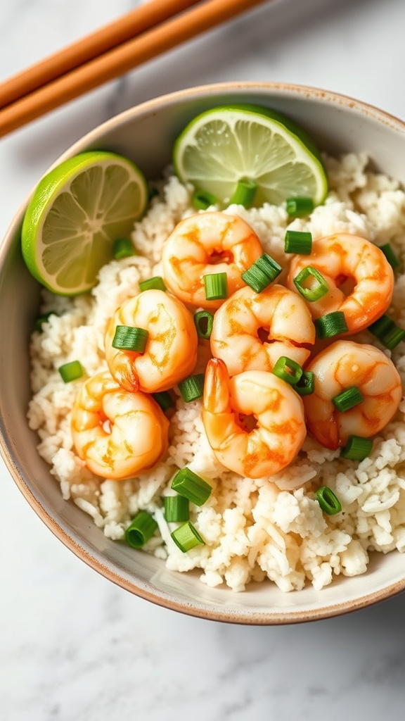 A delicious shrimp and cauliflower rice bowl garnished with lime and green onions.