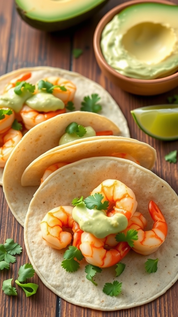 Shrimp tacos with avocado cream and cilantro on a wooden table