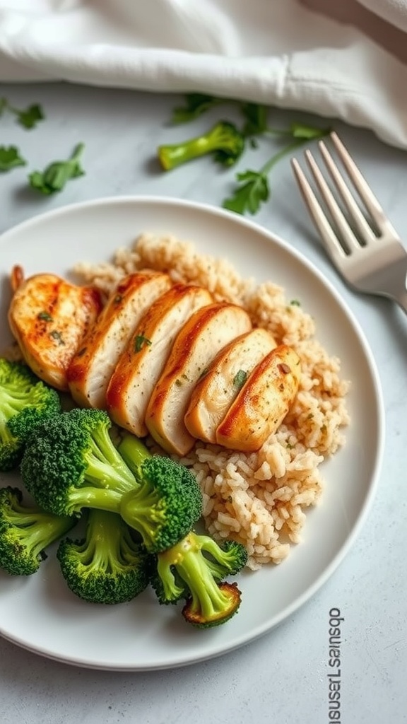 A plate with grilled chicken, rice, and broccoli, representing a healthy and budget-friendly meal.