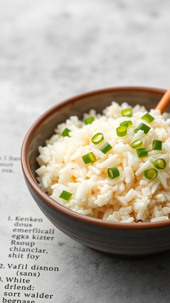 A bowl of egg fried rice topped with green onions.