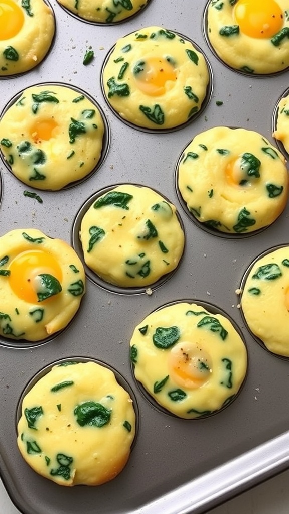 A muffin tin filled with egg muffins containing spinach and whole eggs.