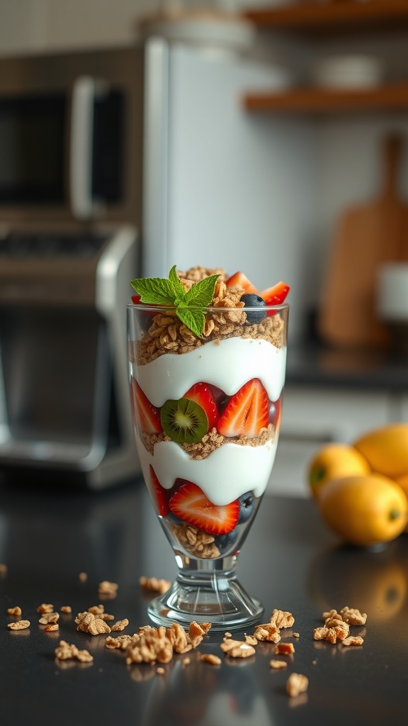 A colorful fruit and yogurt parfait with layers of yogurt, granola, and fresh fruits, garnished with mint leaves.