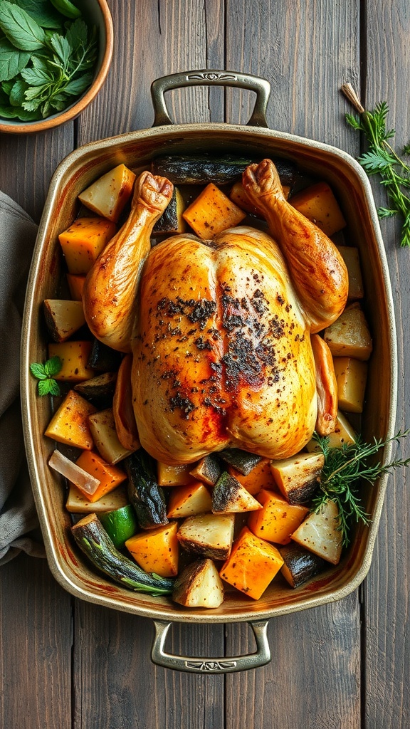 A roasted chicken with vegetables in a baking dish on a wooden table.