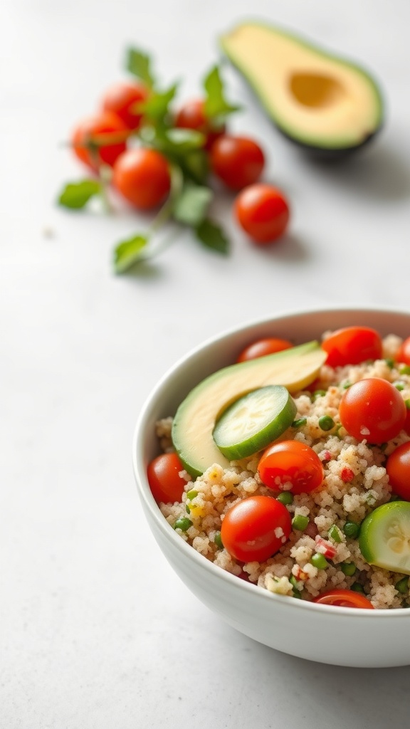 A bowl of quinoa salad with cherry tomatoes, cucumber, and avocado slices.