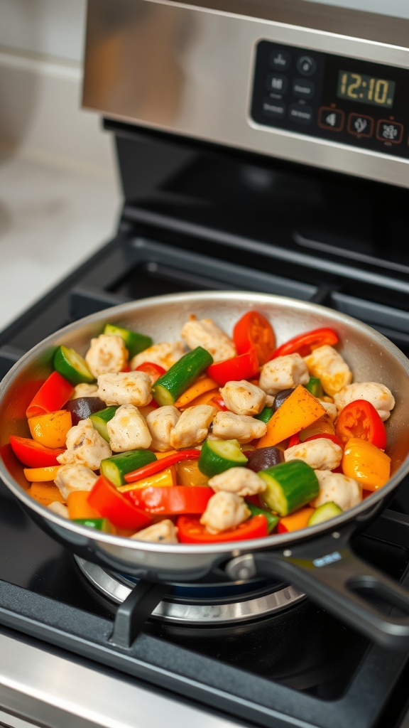 A colorful stir-fry with mixed bell peppers, zucchini, cherry tomatoes, and chicken in a skillet.