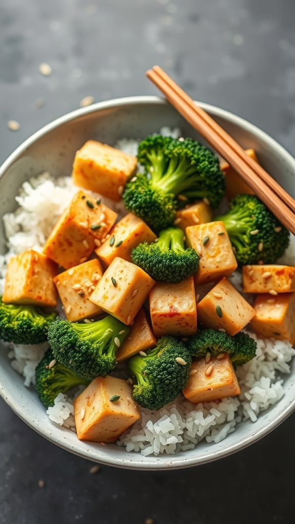 A bowl of stir-fried tofu and broccoli served over rice with chopsticks.