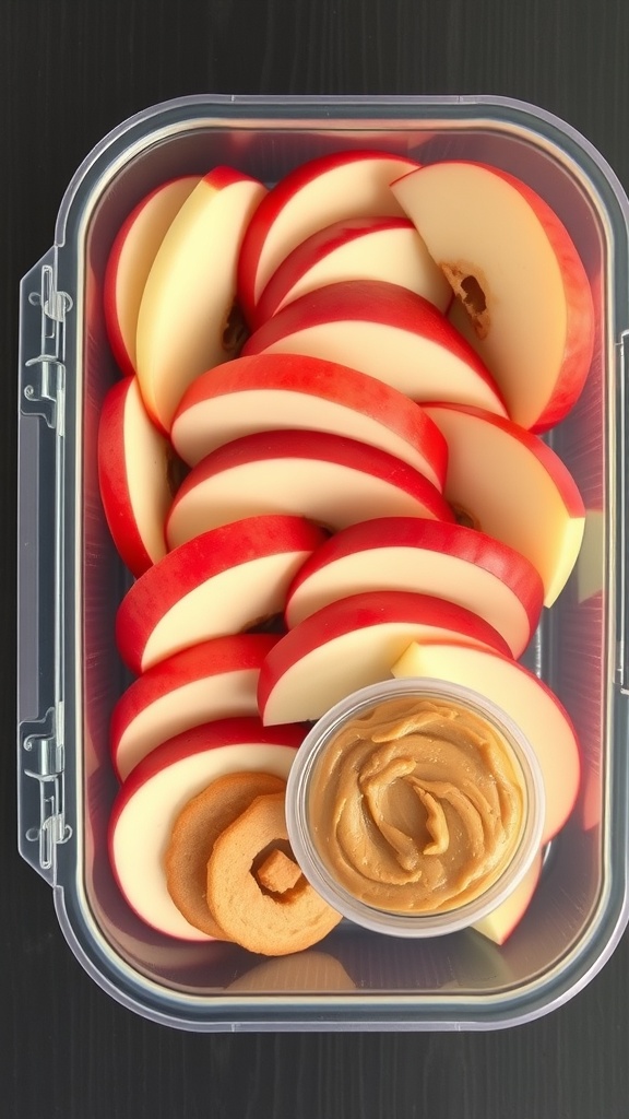 Sliced apples arranged in a container with nut butter and crackers
