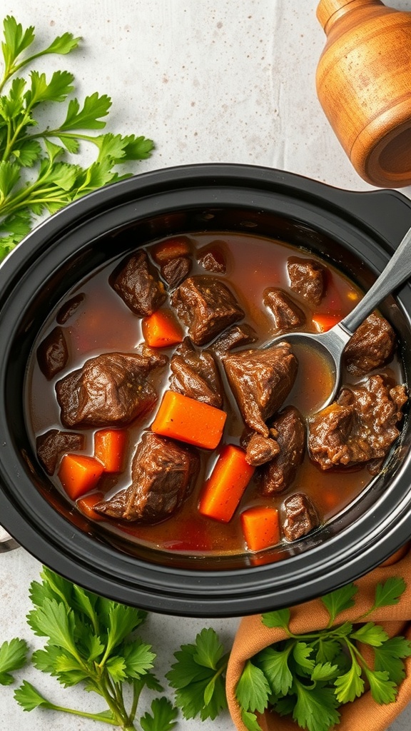 A bowl of slow cooker beef stew with carrots and beef chunks, garnished with parsley.